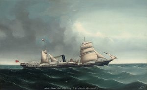 Indo-čínský parník Lightning pod plachtami a párou, 1892