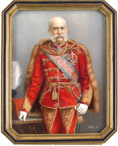 Portrét Františka Josefa I. Rakouského (1830-1916), v maďarské uniformě. Dílo Lajose Oska (1865-1922), akvarel a kvaš na rohu. Maďarské umění, akademické umění. Soukromá sbírka. od Lajos Osko