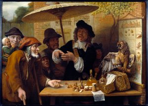 Šarlatán. Cestovatel debatuje o odměnách za prodej drog na veřejném náměstí. Obraz Lamberta Doomera (1623-1700)