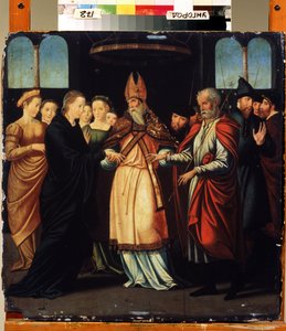 Manželství Marie a Josefa (The Marriage of Mary to Joseph). Obraz Lamberta Lombarda (1505-1566). renesanční umění. Olej na dřevě. Regionální muzeum umění, Užhorod (Užhorod nebo Užhorod), Ukrajina