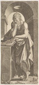 Sv. Šimon stojící před otevřenou knihou s prsty levé ruky přitisknutými na ..., 1545.