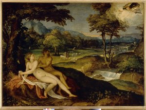 Jupiter a Io. Obraz Lamberta Sustrise (1515 nebo 1520 - po 1591), olej na plátně, mezi 1558 a 1563. Italské umění (Benátky)