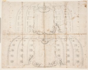 Zámek Frederiksborg, Audienční sál. Dva různé návrhy stropní dekorace pro kupoli od Lambert van Haven