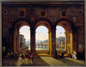 Pohled na Florencii Ponte Vecchio. Obraz Theodora Turpina De Crisse (1782-1859)