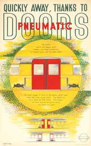 „Rychle pryč, díky pneumatickým dveřím“, plakát London Transport, 1937