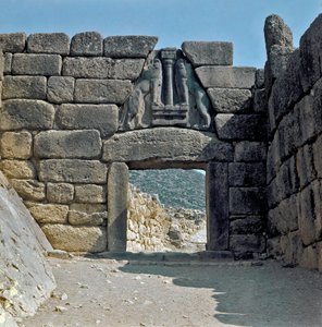 Brána lvů: místo starověkého města Mycenes, na Peloponésu (1500-1100 př.nl) Řecko