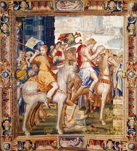 Herauti na koni. Opona z historie Artemise. Vlněný a hedvábný gobelín vyrobený Laurentem Guyotem (1756-1806) a Henrim Lerambertem (asi 1540/1550-1608) v dílnách faubourga Saint Marcel (1601-vers1670). Paříž 17. století, národní nábytek