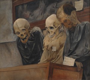 Tři lebky z Catacombe dei Cappuccini v Palermu, 1894.