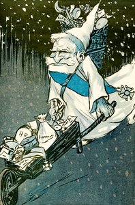 Vánoce pro velké děti - francouzský prezident Emile Loubet oblečený jako Santa Claus s kolečkem dárků pro dospělé. 1905. (litho) od Leal de Camara
