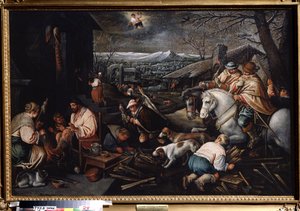 ""Měsíc leden"" (leden) Lovci, ženy spřádají vlnu. Symbol Vodnáře na obloze. Obraz od Leandra Bassano da Ponte (1557-1622) Rozměr 146 x 192 cm Státní muzeum umění Tula Rusko