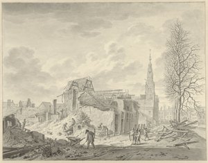 Pohled na Rapenburg v Leidenu po katastrofě střelného prachu 12. ledna 1807 od Leendert Overbeek