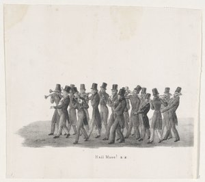 Hudebníci v průvodu leidenských studentů, 1835 Ahoj Muse! (název na objektu) Jednotlivá vystoupení, která výstupy drží H.H. Studenti Leidsche Hoogeschool dne 9. února: 1835, uzavřeno (název série na objektu) od Leendert Springer (I)