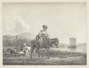Žena na oslu v krajině Šest kamenných kreseb od L. de Koningha (název série) od Leendert de Koningh