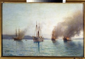 Ruský torpédový člun velkovévoda Konstantin ničí turecké lodě u Bosporu 1877 (Ruský torpédový člun Tender velkovévoda Konstantin ničí turecké lodě u Bosporu 1877). Námořní bitva války mezi Rusy