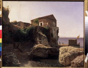 Na ostrově Capri (Itálie) Rybářský dům. (Na ostrově Capri, Rybářský dům). S popisem rybářské lodi na moři a tradičního pontonu k doku. Obraz Lva Felixoviče Lagoria (1827-1905), olej na plátně