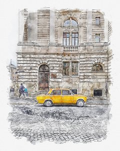 Ulice s klasickými žlutými auty od Lembayung senja studio [Vintage Poster]