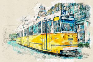 Městská tramvaj – akvarel od Lembayung senja studio [Vintage Poster]