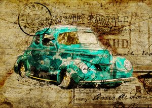 Retro pohlednice s modrozeleným autem od Lembayung senja studio [Vintage Poster]