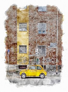 Žluté klasické městské auto od Lembayung senja studio [Vintage Poster]