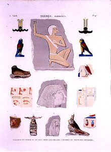 Ilustrace malovaných reliéfů na kameni a dřevěných fragmentech Hypogees, Thébská deska 47 ze svazku II `Descriptions of Egypt`, vyryl LeRoy od Lenoir (after)