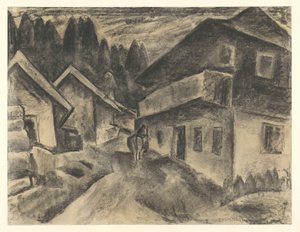 Pohled na vesnici s mužem s krávou na vesnické silnici od Leo Gestel
