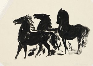 Tři černí koně stojící při pohledu doleva od Leo Gestel