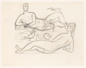 Nahý muž a žena na pobřeží, obklopeni racky od Leo Gestel