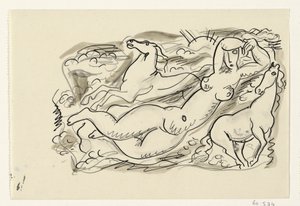 Nahá žena a dva koně v moři od Leo Gestel