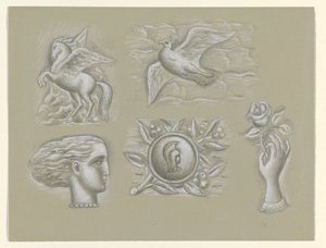 Pegas, holubice, ženská hlava, zbraň a ruka s růží od Leo Gestel