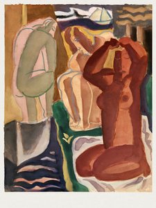 Dvě koupající se ženy a postava na mostě – Leo Gestel, 60 × 80 cm, s bílým okrajem