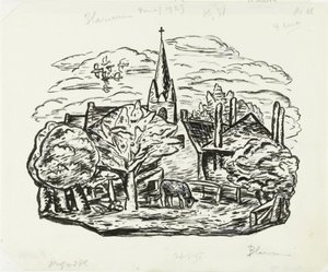 Vignette pro Gestelův životopis od Prof. W. van der Pluym Bez názvu (Pohled na vesnici Blaricum s pasoucí se krávou) od Leo Gestel