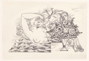 Ženský akt ve vlnách vypouštějící ptáka, v popředí košík květin od Leo Gestel