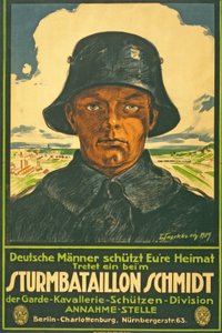 Bouřkový prapor Schmidt; Němečtí muži vylévají vaši vlast! Vstupte do ... hospody. Berlín, 1917