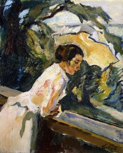 Frieda, umělcova žena, naklánějící se nad balkonem, kolem 1919-1922 (olej na plátně) od Leo Putz