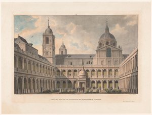 Zicht op de Courtyard evangelistů van het klášter San Lorenzo de El Escorial Pohled na nádvoří evangelistů R. kláštera S. Lorenzo (titul na objektu)