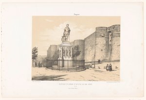 Pohled na sochu René I. z Anjou a hrad Angers Hněvy. Château d