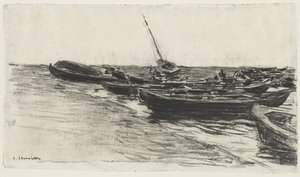 Rybářské lodě na pláži v Étretat od Leon Augustin Lhermitte
