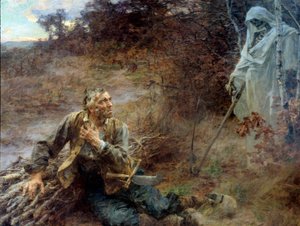 Smrt a dřevorubec Ilustrace k bajce Jean de La Fontaine (1621-1695) Obraz Leon Augustin Lhermitte (1844-1925) 1893, 2,06 x 2,42 m Chateau Thierry, muzeum La Fontaine - Smrt a dřevorubec. Ilustrace k bajce Jean de La