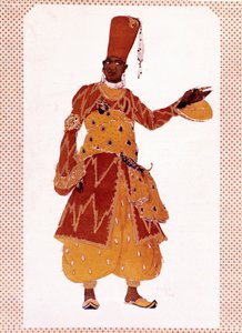 Kostým velkého eunucha kreslí Lva Samoiloviče Rosenberga zvaného Leon Bakst (1866-1924) pro balet „Šeherezáda“ (nebo Šeherezáda), který složil Nikolaj Andrejevič Rimskij-Korsakov (Rimskij Korsakov nebo Rimskij Korsakov od Leon Bakst