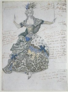 La Belle au Bois Dormant, kostýmní návrh pro „La Fee de Richesse“ (akvarel přes tužku zvýrazněný bílou a zlatou barvou na papíře) od Leon Bakst