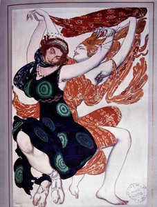 Choreografie Les bacchantes z „Odpoledne fauna“ od Václava Nijinského (1889-1950) po „Předehra Faunova odpoledne“ od Clauda Debussyho (1862-1918) od Leon Bakst