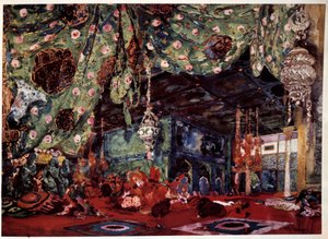 Scénografie Leon Bakst (1866-1924), ruský malíř a dekoratér pro operu "Šeherezáda" (Šeherezáda) od Nicholase (Nikolaje) Rimského Korsakova (Rimski-Korsakov) (1844-1908). od Leon Bakst