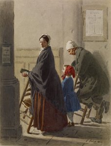 Muž, žena a dívka při modlitbě v kostele, 1864 (wc a grafit na papíře) od Leon Henri Antoine Loire