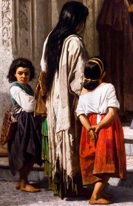 Mladá žena rozdávající milodary u vchodu do kaple nemocnice San Sebastian v Córdobě, detail od Leon Joseph Florentin Bonnat