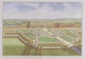 Královský palác v Hampton Court, z „Survey of London“, vyrytý Johannesem Kipem (asi 1652-1722), 1730 (barevná rytina) od Leonard Knyff