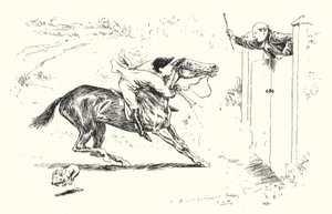 Muž šel na lov v Reigate a chtěl přeskočit vysokou bránu (rytina) od Leonard Leslie Brooke