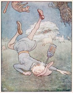 Muž na měsíci se zřítil dolů, z hospody A Nursery Rhyme Picture Book. 1914. od Leonard Leslie Brooke