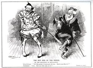 Lloyd George jako předseda obchodní rady chrání britský průmysl před německou konkurencí zákonem o patentech a vzorech z roku 1907, 1909. od Leonard Raven Hill
