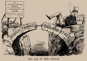 Mezera v mostě. Karikatura o nepřítomnosti USA ve Společnosti národů, prosinec 1919.