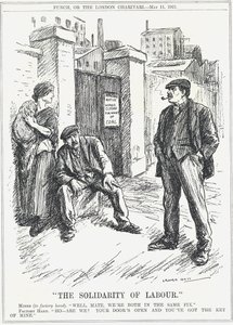 Die Solidarität der Arbeit: Fabrikarbeiter, ausgesperrt wegen Kohlemangels, sagt einem Bergmann, dass er den Schlüssel für alle Arbeitsplätze hat, um wieder zu öffnen. Karikatur von Leonard Raven-Hill